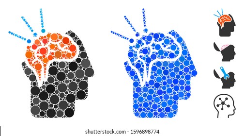 Brain surgery mosaic of filled circles in various sizes and color tinges, based on brain surgery icon. Vector small circles are organized into blue illustration.