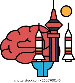 A brain is surrounded by rockets and a tall building. The brain is red and white, and the rockets are white and red. Concept of innovation and progress