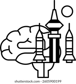 A brain is surrounded by rockets and a tall building