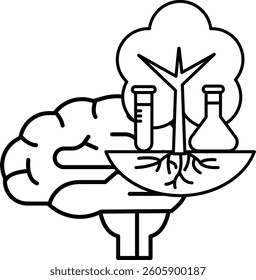 A brain is surrounded by a tree and a few test tubes