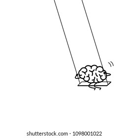 Brain swings on swing. Vector concept illustration of happy relaxed creative mind | flat design linear infographic icon black on white background