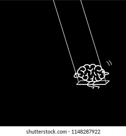 Brain swings on swing. Vector concept illustration of happy relaxed creative mind | flat design linear infographic icon white on black background
