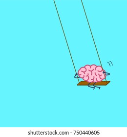 Brain Swings On Swing. Vector Concept Illustration Of Happy Relaxed Creative Mind | Flat Design Linear Infographic Icon On Blue Background