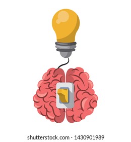 Brain with switch and bulb light cartoon vector illustration graphic design