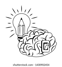 Brain with switch and bulb light with pencil cartoons vector illustration graphic design