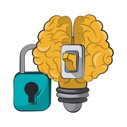Brain with switch and padlock cartoons vector illustration graphic design