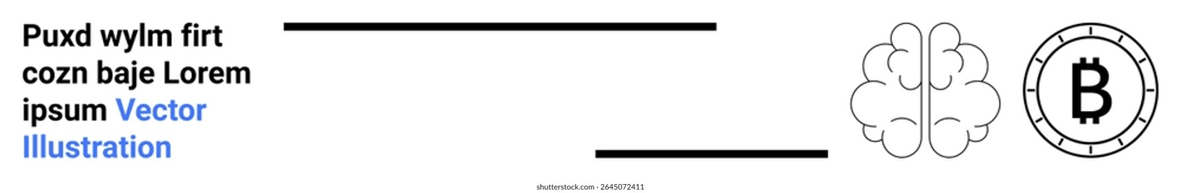 Brain symbol and bitcoin icon represent AI and cryptocurrency. Sample text for context. Ideal for tech, innovation, finance, blockchain, artificial intelligence, digital currency, and modern