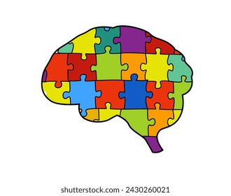 Brain symbol composed of a vibrant spectrum of colors. Puzzles represent the diversity of human minds and experiences. Hand-drawn editable vector illustration isolated on a white background