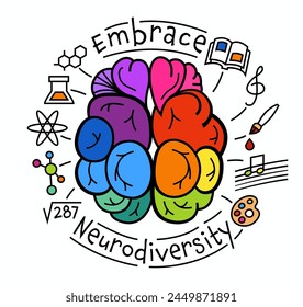 Brain symbol composed of a vibrant spectrum of colors. This gradient represents the diversity of human minds and experiences. Hand-drawn editable vector illustration isolated on a white background