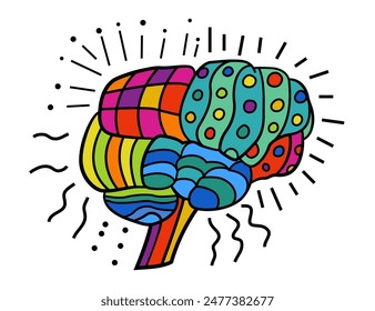 Brain symbol composed of a vibrant spectrum of colors. This vividness represents the diversity of human minds and experiences. Hand-drawn editable vector illustration isolated on a white background