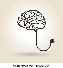 Brain Symbol With Electrical Cord And Light Bulbs