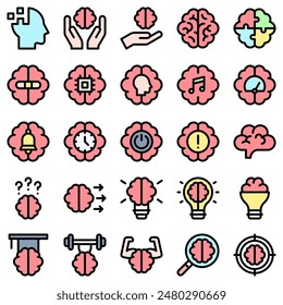 Conjunto de iconos de cerebro y símbolo 3, Ilustraciones vectoriales en diseño relleno