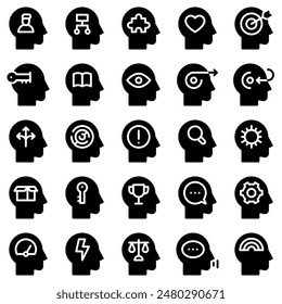 Brain and Symbol Icon Set, Vector Illustrations in Solid Design
