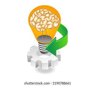 Brain symbol in idea lamp in isometric and flat illustration