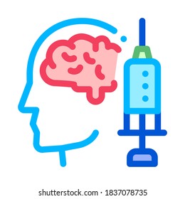 Brain Syringe Injection Vaccine Headache Vector Icon Thin Line. Tension And Cluster Headache, Migraine And Stress Symptom Illustration