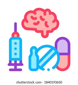 Brain, Syringe And Pills Icon Vector. Outline Brain, Syringe And Pills Sign. Isolated Contour Symbol Illustration