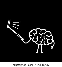 Brain taking selfie with selfie stick| flat design linear infographic icon white on black background