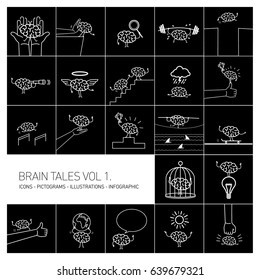 Brain tales volume 1, Vector concept illustrations set of brain in different funny situations | flat design linear icons set and infographic white on black background