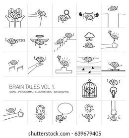 Brain tales volume 1, Vector concept illustrations set of brain in different funny situations | flat design linear icons set and infographic black on white background
