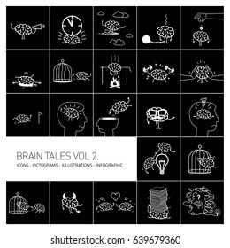 Brain tales volume 2, Vector concept illustrations set of brain in different funny situations | flat design linear icons set and infographic white on black background