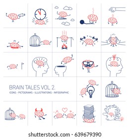 Brain tales volume 2, Vector concept illustrations set of brain in different funny situations | flat design linear icons set and infographic red and blue on white background