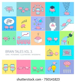 Brain tales volume 3, Vector concept illustrations set of brain and education in different funny situations | multicolor flat design linear icons set and infographic on colorful background