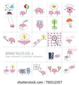 Brain tales volume 4, Vector concept illustrations set of brain and education in different funny situations | multicolor flat design linear icons set and infographic on white background