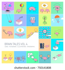 Brain tales volume 4, Vector concept illustrations set of brain and education in different funny situations | multicolor flat design linear icons set and infographic on colorful background