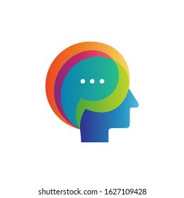 Brain talk vector logo icon illustration. Human head, smart think, creative idea, mind and imagination logo design template.