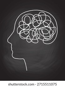 Enredo cerebral caos mental línea estrés psicológico problema de silueta de la cabeza. Concepto de psicoterapia con línea garabateada que muestra pensamientos confusos y desorden en la Ilustración vectorial de diseño simple.