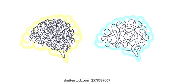 Brain. Tangle of thoughts. Stress, easy solution. Simplify complex process. Coach. Psychologist consulting or mental problem. Neurology. One line drawing sign. Thought clearing process, simple idea