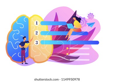 Brain with tasks and users with laptops planning. Strategy and planning, analyzing, setting goals, business planning and project management concept, violet palette. Vector isolated illustration.