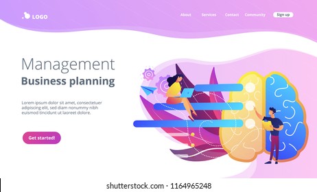 Brain with tasks and users with laptops planning. Management and business planning landing page. Analyzing, setting goals and project management, violet palette. Vector illustration on background.
