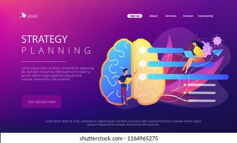 Brain with tasks and users with laptops planning. Strategy planning landing page. Analyzing, setting goals, business planning and project management. Vector illustration on ultraviolet background.