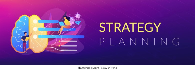 Brain with tasks and users with laptops planning. Strategy planning landing page. Analyzing, setting goals, business planning and project management. Header or footer banner template.