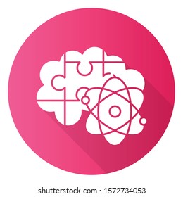 Brain teaser pink flat design long shadow glyph icon. Science puzzle, riddle, logic game. Mental exercise. Ingenuity, knowledge, intelligence test. Problem solving. Vector silhouette illustration