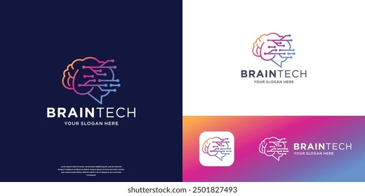 brain tech connection logo vector icon. digital brain, brainstorm and gradient color branding.