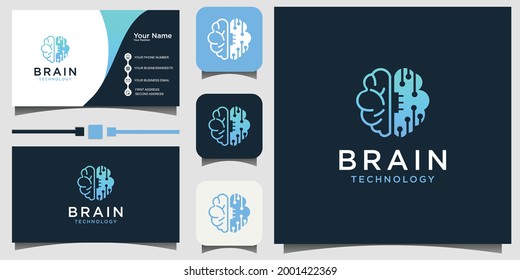 brain tech line art logo design Vector with template background business card