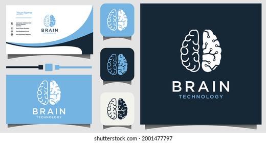 diseño de logotipo de arte de línea de tecnología cerebral Vector con tarjeta de presentación de fondo de plantilla