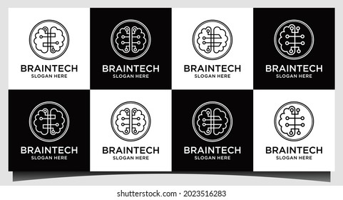 brain tech with line art logo design template