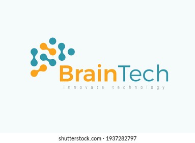 Brain Tech Logo Concept For Futuristic Science And Medical Innovate Technology. Computer Chip Icon For Digital Neural Network, Dataset, Artificial Intelligence. Vector Logotype