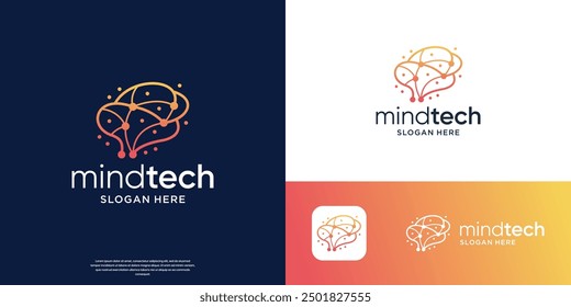 brain tech logo design with creative connect line dot symbol.