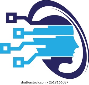 Brain tech logo design, futuristic circuit board-inspired human head profile for AI, technology, innovation, startup, neural networks, software development, and digital transformation companies.