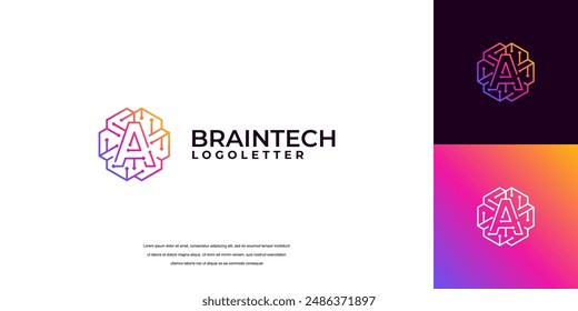 Diseño de logotipo de tecnología cerebral. letras iniciales diseño de logotipo de cerebro inteligente