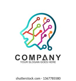 brain tech logo with line design illustration, colorful icons