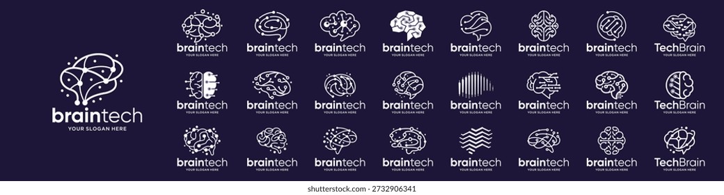 brain tech logos set, connect line circuit dot design brain connection tech logo vector illustration.