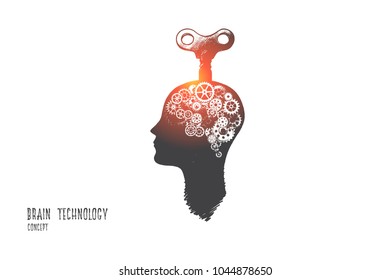 Brain technology concept. Hand drawn gears as symbol of brain with key in it. Innovative technologies in science and medicine isolated vector illustration.