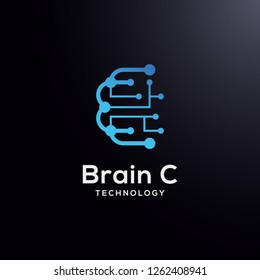 Brain technology letter C logo vector, Brain Artificial intelligence letter C logo type, icon vector, smart tech logo vector