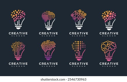 brain technology light bulb logo design concept collection. Light bulb design icon set with brain technology logo	