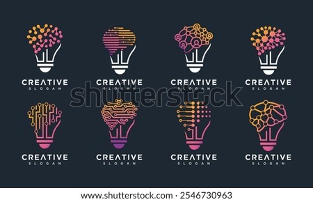 brain technology light bulb logo design concept collection. Light bulb design icon set with brain technology logo	